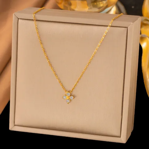 Women Titanium Steel Gold Four-Leaf Flower Rhinestone Jewelry Set Light Luxury Clover Necklace Bracelet Earrings Ring Accessory