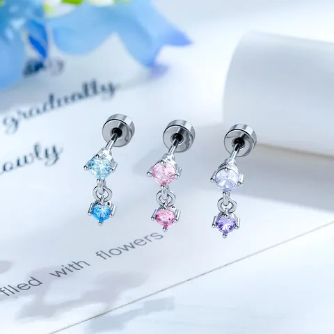 Sweet Titanium Alloy Zirconia Stud Earrings Double Diamond Hanging Cartilage Piercing Ear Bone Studs For Women Girl Jewelry