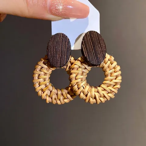 Boucles d'Oreilles Pendantes Rondes en Rotin Tissé Ethnique Vintage Avec Bois Géométrique Tige en Argent Sterling 925 Femme