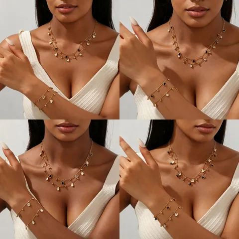 Luxury Stainless Steel Star Heart Butterfly Pendant Necklace and Bracelet Set for Women Gold Plated Rhinestone Jewelry Set