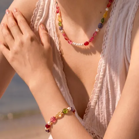 Handmade Dopamine Candy Color Artificial Pearl Artificial Crystal Beaded Necklace And Bracelet Set For Women Fresh Sweet Jewelry