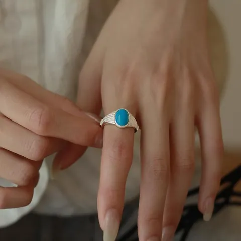 Vintage Court Style Copper Open Ring For Women Elegant Oval Blue Faux Stone Retro Palace Jewelry Adjustable Finger Ring Gift