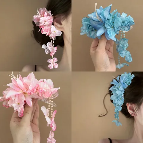 Floral Tassel Hair Clip Sweet Fairy Style Fabric Flower Duckbill Clip Ancient Hanfu Hair Accessory For Women Girls Hair Styling