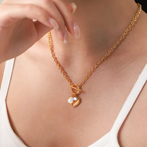 Luxury 304 Stainless Steel Heart Pendant Necklace With Freshwater Pearl Rhinestone Toggle Clasp Jewelry For Women Daily