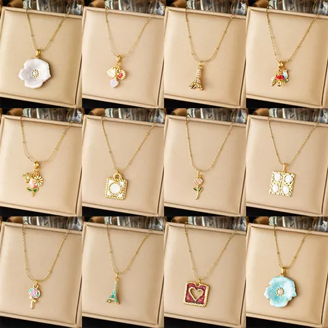 Vergoldete 304 Edelstahl Emaille Anhänger Halskette Für Damen Bunte Blume Herz Eiffelturm Pilz Schlüsselbein Kette Schmuck