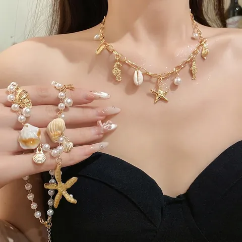 Luxus Legierung Künstliche Perle Seestern Muschel Halskette Für Damen Gold Weiß Meereslebewesen Urlaubsstil Schmuck