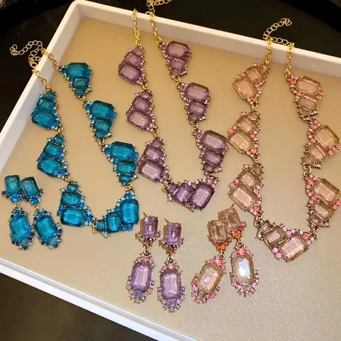 Vintage Legierung Strass Geometrisch Quadratisch Halskette Und Ohrringe Schmuckset Luxus Royal Schlüsselbeinkette Damen Schmuck