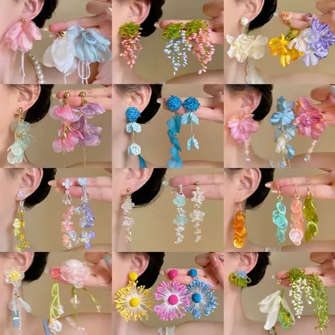 Sweet Fairy Mesh Flower Drop Earrings Alloy Rhinestone Ribbon Bow Tassel Earrings Silver Earring Post For Women Fashion Jewelry