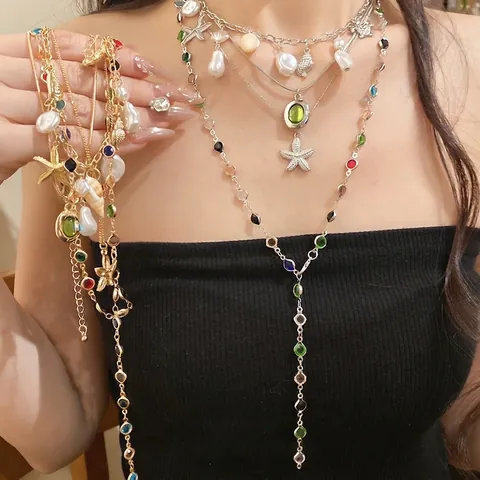 Vintage Alloy Artificial Pearl Sea Snail Starfish Pendant Necklace Gold Silver Plated Multi-layered Rhinestone Necklace