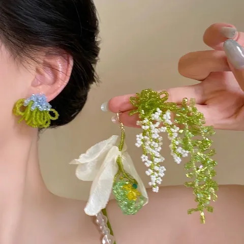 Sweet Fairy Mesh Flower Drop Earrings Alloy Rhinestone Ribbon Bow Tassel Earrings Silver Earring Post For Women Fashion Jewelry