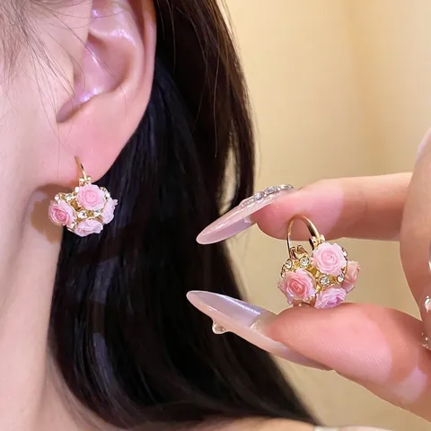 Sweet Resin Flower Basket Hoop Earrings Rhinestone Inlaid Alloy Rose Earrings for Women Forest Style Vacation Jewelry
