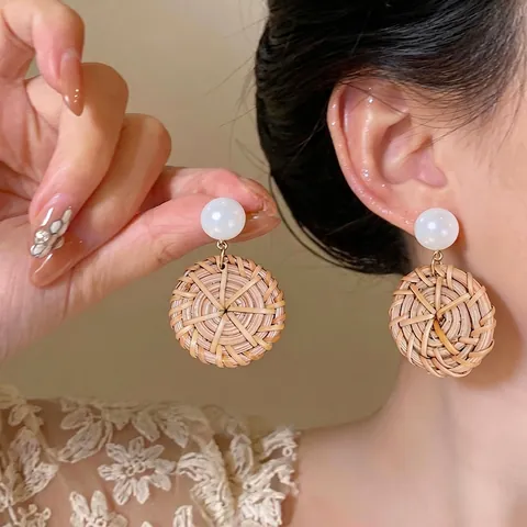 Boucles d'Oreilles Clous Rondes Géométriques en Rotin Tissé Bohème Avec Résine Tige en Argent Sterling 925 pour Femme Bijoux de Vacances