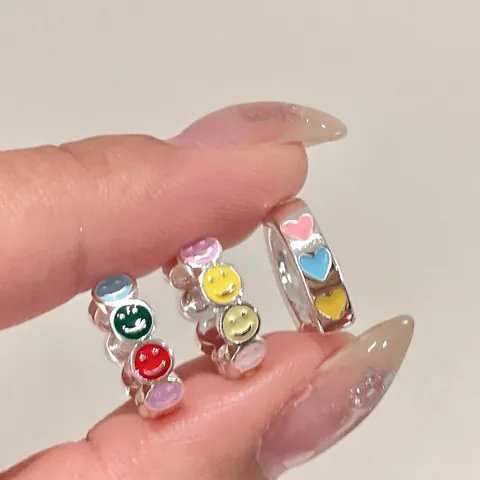 Women Sweet Cool Smiley Face Heart Colorful Enamel Hoop Earrings Copper Minimalist Niche Design Summer Daily Jewelry Gift