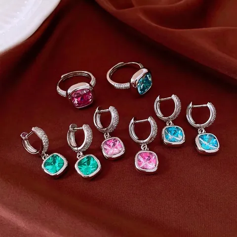 Vintage Geometric Copper Zirconia Jewelry Set Exquisite Cushion Cut Pink Blue Green Zircon Ring And Ear Buckle Earrings