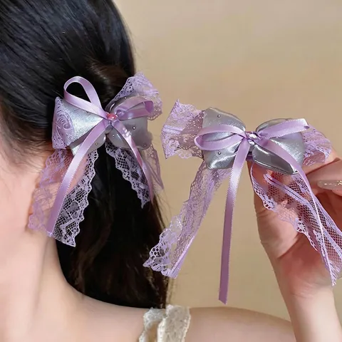 Handmade Purple Lace Bow Hair Clip Elegant Satin Ribbon Duckbill Clip With Rhinestone Stylish Hair Accessories For Women