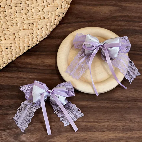 Handmade Purple Lace Bow Hair Clip Elegant Satin Ribbon Duckbill Clip With Rhinestone Stylish Hair Accessories For Women