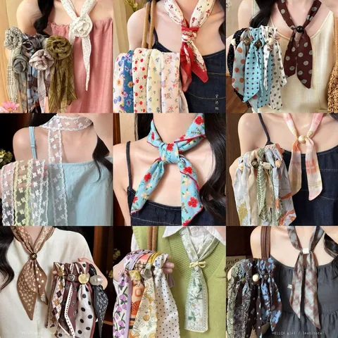 Elegante Foulard Quadrato in Chiffon Stile Pastorale Coreano Donna Stampa Floreale a Pois Fazzoletto da Collo Accessorio Moda