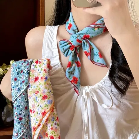 Elegante Foulard Quadrato in Chiffon Stile Pastorale Coreano Donna Stampa Floreale a Pois Fazzoletto da Collo Accessorio Moda