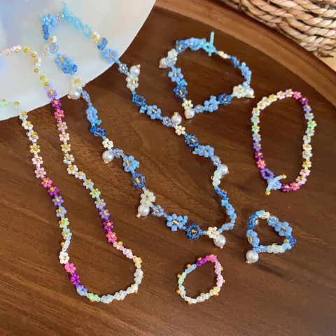 Gioielli Dopamina Fiore Colorato Perla Artificiale Collana Bracciale Anello Fatto a Mano Perlato Accessori Estivi Dolci Per Donne