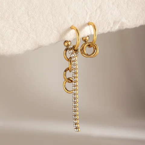 Women 18K Gold Plated Stainless Steel Asymmetric Dangle Earrings Multi Ring Rhinestone Tassel Earrings Fashion Jewelry
