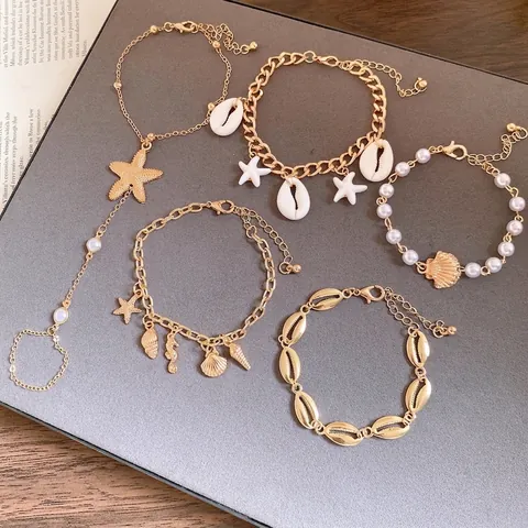 Pulsera Temática Océano Bohemio Dorado con Estrella de Mar Concha Perla Artificial y Pulsera con Anillo Cadena de Mano Joyería de Playa para Mujer