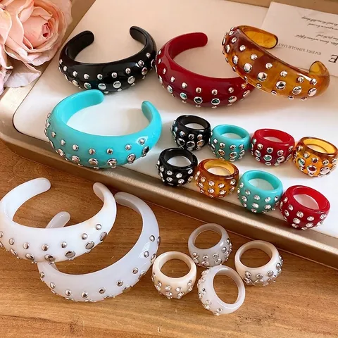 European Fashion Resin Gold-Plated Copper Round Rivet Open Bangle Bracelet And Rhinestone Inlaid Band Ring For Women
