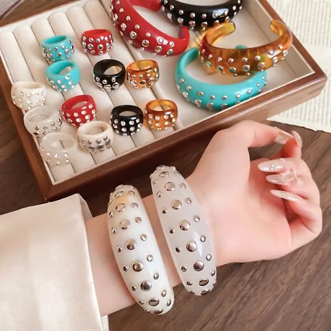 European Fashion Resin Gold-Plated Copper Round Rivet Open Bangle Bracelet And Rhinestone Inlaid Band Ring For Women