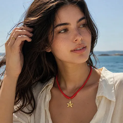 Ins Vakantie Roestvrij Staal Oceaan Dier Hanger Ketting Rode Glazen Kraal Strand 18K Vergulde Zeepaardje Zeester Sieraden