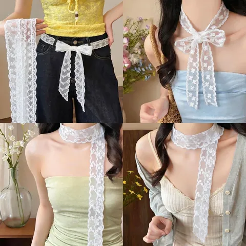 Women Fresh Silk Lace Skinny Scarf Floral Print Hollow Out Scalloped Edge Hair Ribbon Multi-functional Belt Neck Wrap Decorative Headband
