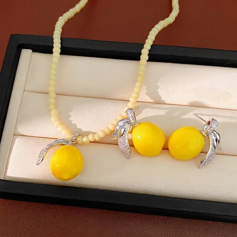 Fashion Lemon Fruit Resin Zirconia Jewelry Collection For Women Copper Electroplated Beaded Choker Necklace Earrings Accessory