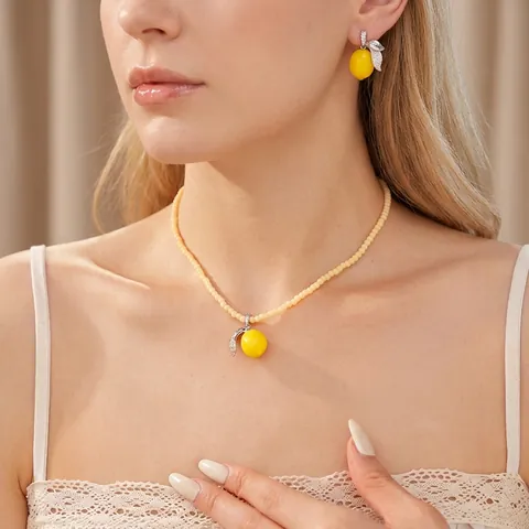 Fashion Lemon Fruit Resin Zirconia Jewelry Collection For Women Copper Electroplated Beaded Choker Necklace Earrings Accessory
