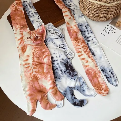 Collar de Corbata con Estampado de Gato Realista Creativo Personalizado Estilo Dulce y Genial Satén Poliéster Collar de Bufanda Larga Joyería de Moda para Mujer