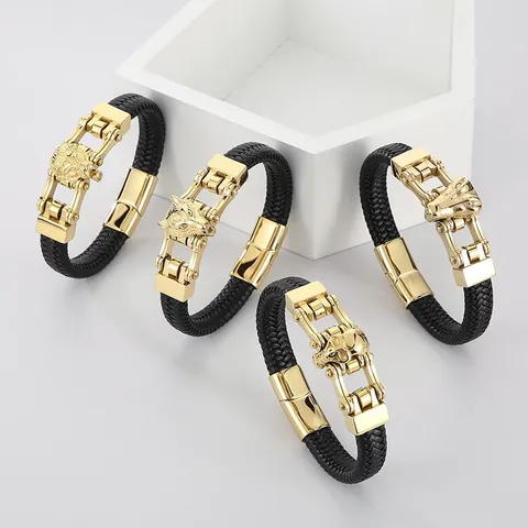 Bracelet Homme Cuir Tressé Acier Inoxydable Loup Lion Crâne Tête D'animal Jonc Punk Avec Fermoir Magnétique Bijoux