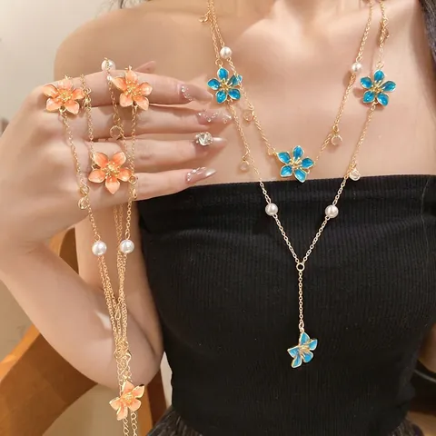 Collier Pendentif Fleur en Émail Bohème Pour Femmes Perle Artificielle Chaîne Multirang en Y Bijoux de Vacances en Alliage