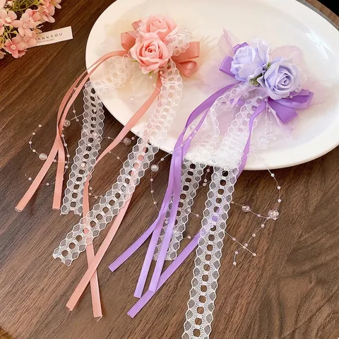 Women Fresh Sweet Lace Flower Bow Hair Clip Romantic Handmade Artificial Rose Ribbon Tassel Duckbill Clip Fashion Hair Accessories