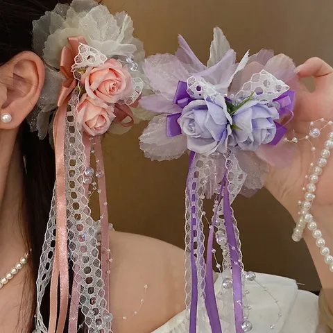 Women Fresh Sweet Lace Flower Bow Hair Clip Romantic Handmade Artificial Rose Ribbon Tassel Duckbill Clip Fashion Hair Accessories
