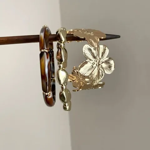 European Retro Flower Geometric Bracelet Set For Women Vintage Alloy Acrylic Gold Plated Bangle Fashion Jewelry Accessory Gift