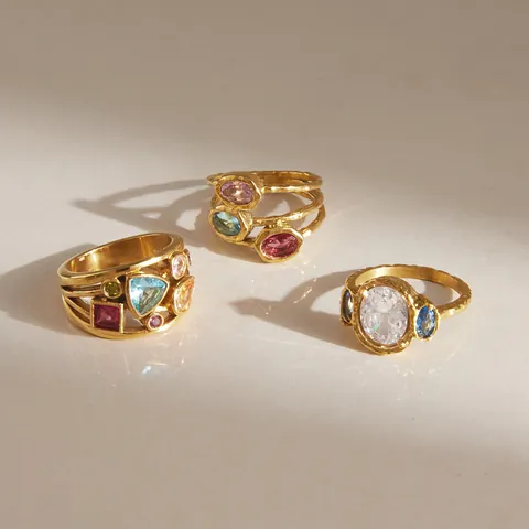 Vintage Stainless Steel Colorful Zirconia Ring Niche Luxury Gold Plated Geometric Open Ring For Women Fashion Jewelry Accessory