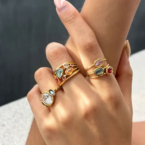 Vintage Stainless Steel Colorful Zirconia Ring Niche Luxury Gold Plated Geometric Open Ring For Women Fashion Jewelry Accessory
