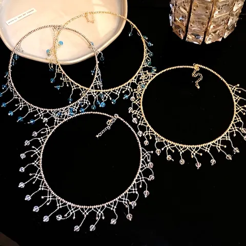 Vintage Elegant Lace Round Tassel Choker Necklace Luxury Design Hollow Copper Glass Beads Neck Decoration For Party Women Jewelry