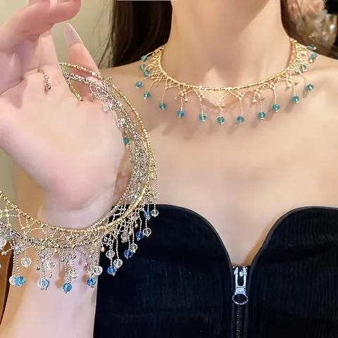 Vintage Elegant Lace Round Tassel Choker Necklace Luxury Design Hollow Copper Glass Beads Neck Decoration For Party Women Jewelry