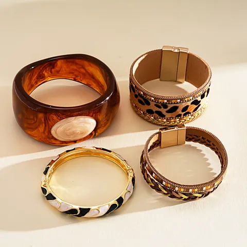 Vintage Luipaardprint Kunstleer Gevlochten Armband Goud Metaal Magnetische Sluiting Emaille Contrast Bangle Voor Vrouwen Sieraden