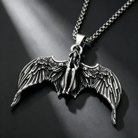 Colgante de Alas de Ángel Caído Gótico Punk Acero Inoxidable Calavera Espada de Cruz Colgante de Collar para Hombre Joyería Vintage