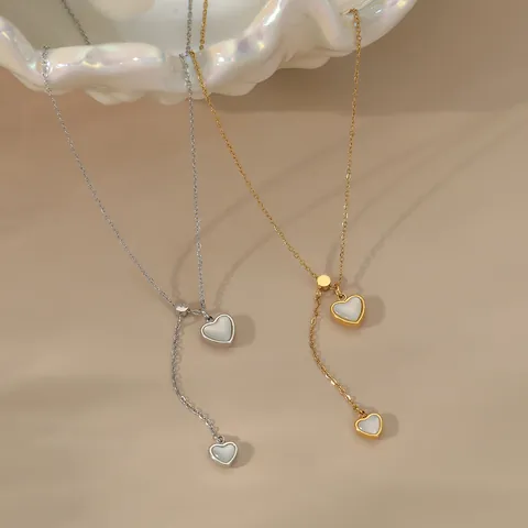 Edelstahl Herz Perlmutt Anhänger Halskette Verstellbare Doppelt Herz Y-Kette Poliert Gold Silber Halsschmuck