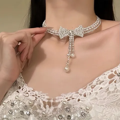 Elegant Bowknot Pendant Necklace For Women Rhinestone Tassel Clavicle Chain Necklace Earrings Bracelet Jewelry Set For Banquet Party