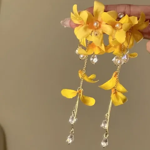 Handmade Fabric Floral Tassel Earrings With Silver Earring Post Artificial Pearl Rhinestone For Beach Holiday Vacation Women Jewelry