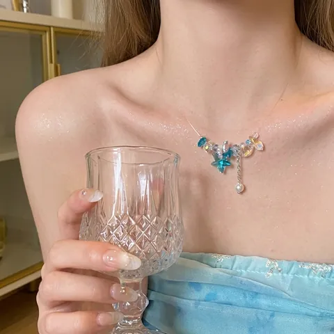 Handgemaakte Dames Zeester Kunstparel Hanger Ketting Blauw Glas Zeester Choker Voor Strandvakantie Mode Sieraden