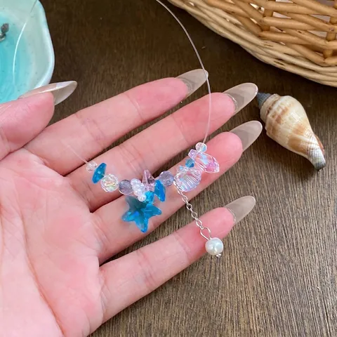 Handgemaakte Dames Zeester Kunstparel Hanger Ketting Blauw Glas Zeester Choker Voor Strandvakantie Mode Sieraden