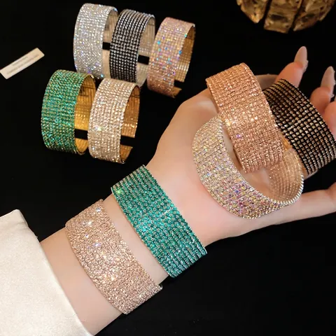 Vintage Multilayer Rhinestone Elastic Open Bangle Bracelet Copper Geometric Round Crystal Cuff Bracelet For Women Luxury Party Jewelry