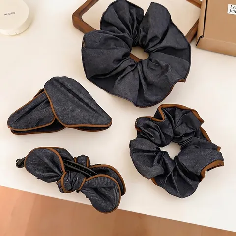 Vintage Υφασμάτινο Ακρυλικό Κλιπ Μαλλιών Scrunchie Denim Υφή Ελαστικό Μαλλιών Κομψός Φιόγκος Τσιμπιδάκι για Γυναίκες Αξεσουάρ